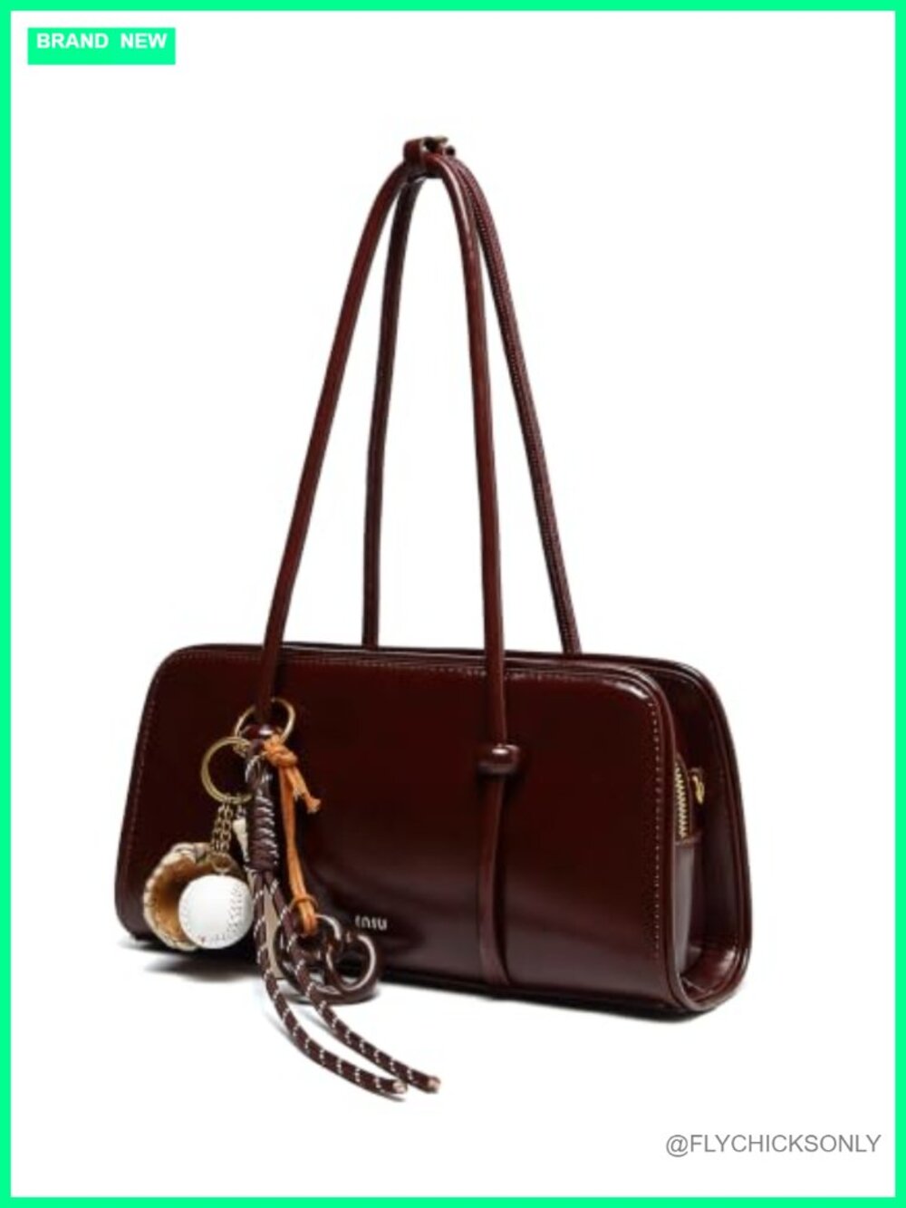 Glossy Faux Leather Top Handle Satchel Crossbody with Baseball Charm